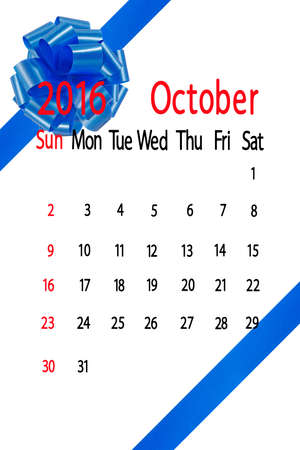 calendar for the month of october on blue bow backgroundの写真素材