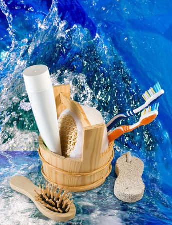 image of bath accessories on blurred background