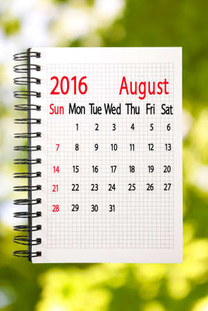 calendar for the month of August on a green backgroundの写真素材