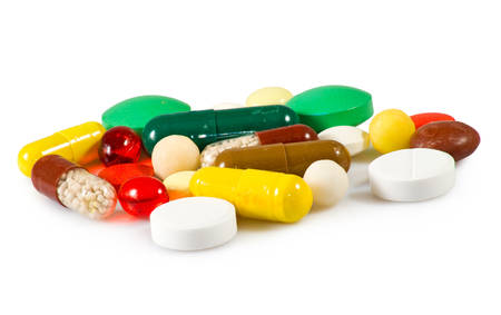 Isolated image of different pills on white background closeupの写真素材
