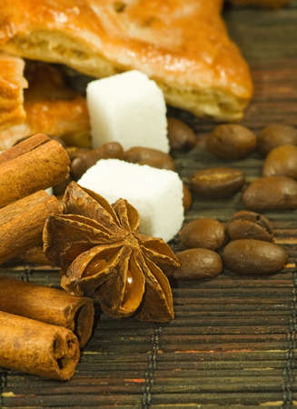 cookies, anise stars, sugar, coffee beans closeupの写真素材