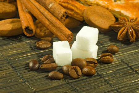 cookies, anise stars, sugar, coffee beans closeupの写真素材