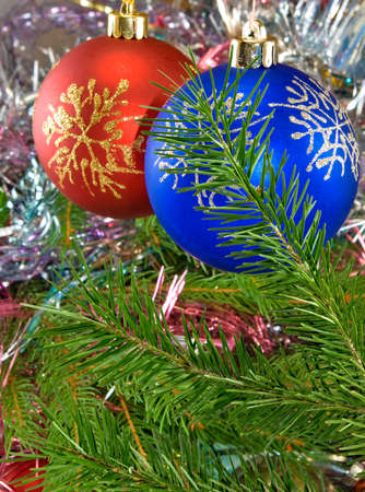 image of many Christmas balls on the Christmas tree closeupの写真素材