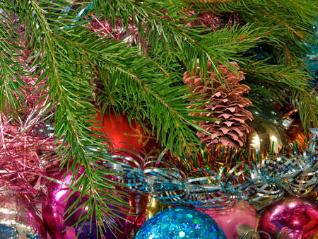 image of many Christmas decorations on the Christmas tree closeupの写真素材