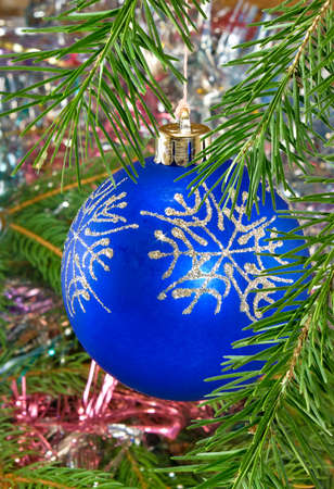 image of blue Christmas ball on a Christmas treeの写真素材