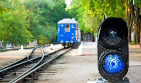 image of the train and warning of the signの写真素材
