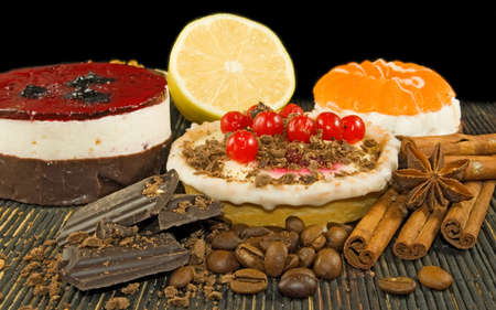 delicious cake on a black background close-upの写真素材