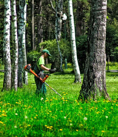 Image of working with the mower in a park closeup