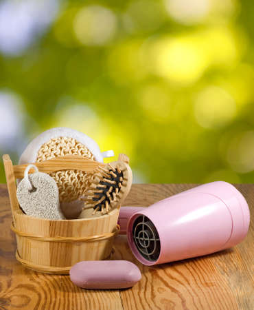 image of bath accessories on the wooden table close-upの写真素材
