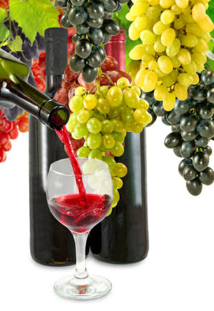 Image of glasses and bottles of wine and grape closeupの写真素材