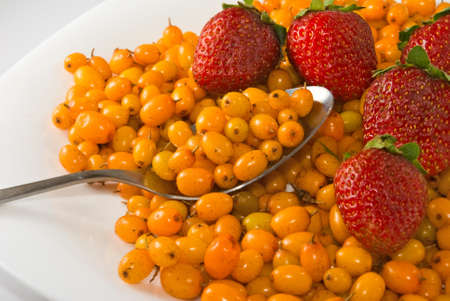 Isolated image of strawberries and sea buckthornの写真素材