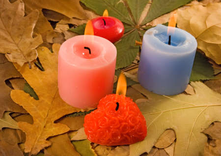 Image of dry leaves and candles closeupの写真素材