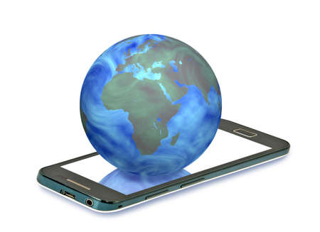 Earth globe on the smart phone on a white background closeup