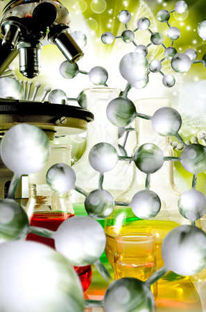 Image of laboratory glassware and microscopy on DNA strand background  closeup