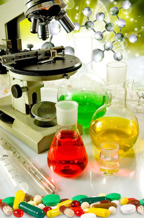 Image of laboratory glassware and microscopy on DNA strand background  closeupの写真素材