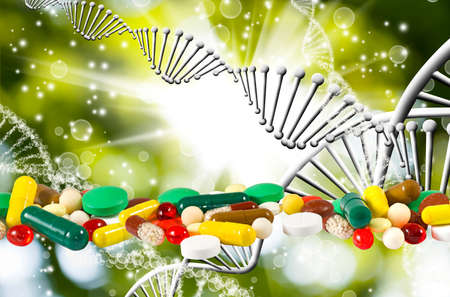image of pills on dna chain background closeupの写真素材