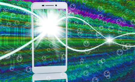Image of smartphone on green background close upの写真素材