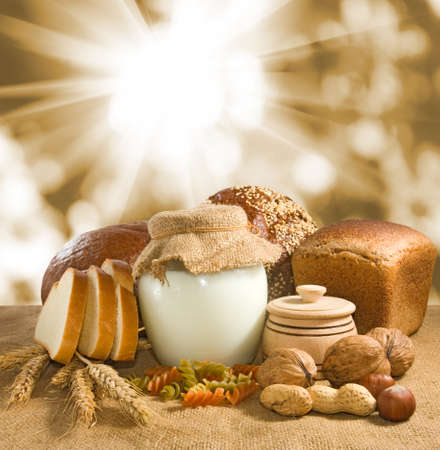 image of dairy products and bread close-upの写真素材