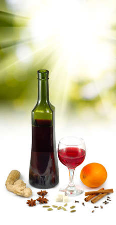 Isolated image of  wine bottle, wine glass and spices close upの写真素材