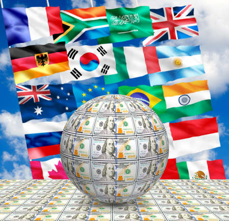 image of stylized  ball of money against the flagsの写真素材