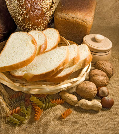 mage of bread, nuts, wheat and dairy close upの写真素材