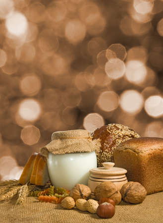 mage of bread, nuts, wheat and dairy close upの写真素材