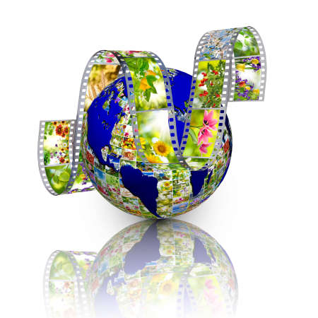image of stylized earth globe and photographic tape close-upの写真素材