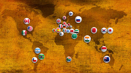 Image of various flags on a stylized map of the worldの写真素材