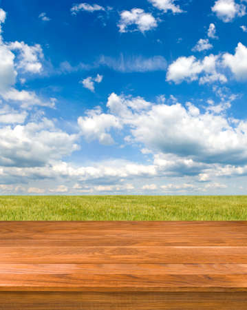 Image of wooden board on field background close-upの写真素材