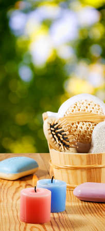 bath accessories on the wooden table closeupの写真素材