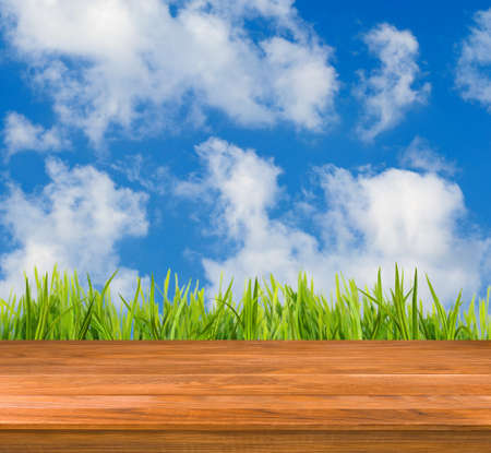 Image of wooden boards on grass background closeupの写真素材
