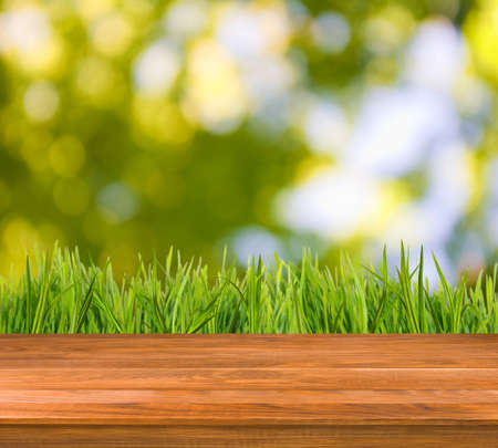 Image of wooden boards on grass background closeupの写真素材
