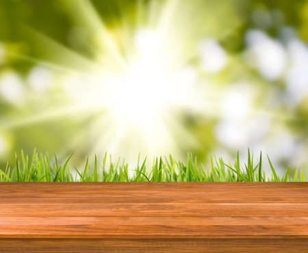 Image of wooden boards on grass background closeupの写真素材