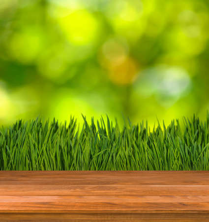 Image of wooden boards on grass background close-upの写真素材