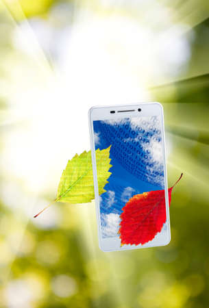 image of smartphone and leaves on a green backgroundの写真素材