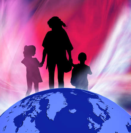 image of silhouettes girls, boy and women against the globe. 
stylized image of silhouettes of young children and their mothers.
family consisting of a mother and two children on a globe,の写真素材