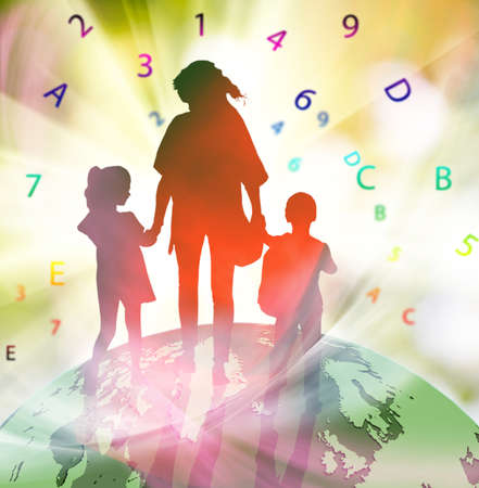 image of silhouettes girls, boy and women against the globe. 
stylized image of silhouettes of young children and their mothers.
family consisting of a mother and two children on a globe,の写真素材