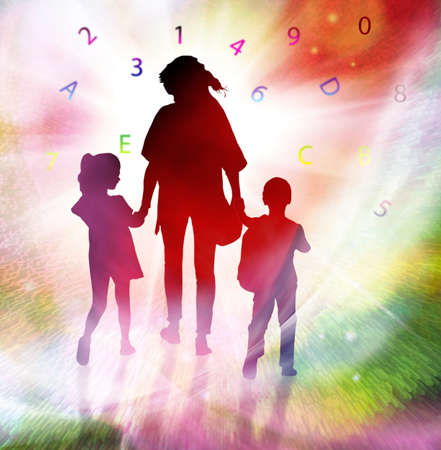 image of silhouettes girls, boy and women against the globe. 
stylized image of silhouettes of young children and their mothers.
family consisting of a mother and two children on a globe,の写真素材