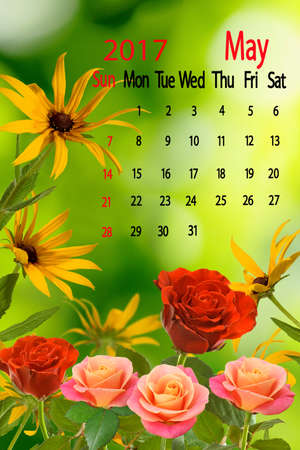 Image of beautiful different flowers on green background close-up.?Calendar for May 2017.の写真素材