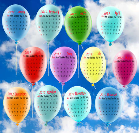 illustration of calendar closeup. Calendar for 2017, Balloons closeup,Bright, festive, multi-colored...