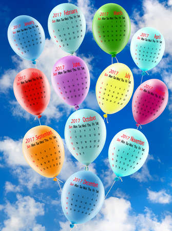 illustration of calendar closeup. Calendar for 2017, Balloons closeup,Bright, festive, multi-colored balloons on blue sky background.
Calendar for 12 months for festive colored balloons in the sky.の写真素材