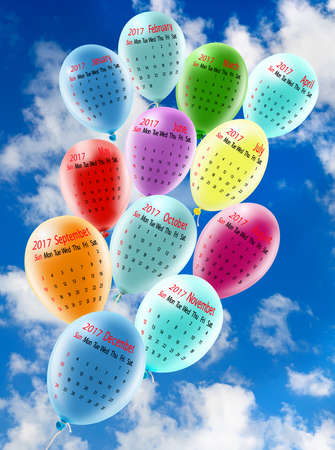 illustration of calendar closeup. Calendar for 2017, Balloons closeup,Bright, festive, multi-colored balloons on blue sky background.
Calendar for 12 months for festive colored balloons in the sky.の写真素材