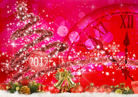Image of Christmas tree and clock close up.
Christmas decorations,
Stylized Christmas tree and clock 
Christmas greeting card on red background.の写真素材