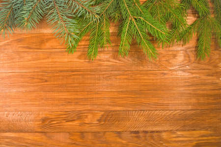 image of spruce twigs on the wooden tableの写真素材