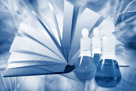 Image of books and laboratory flask on DNA strand background