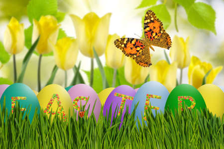 Image of Easter eggs and flowers on a green background,Painted eggs as a symbol of the Easter...