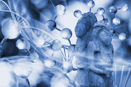 molecular structure, DNA chains and ancient stone sculpturesの写真素材