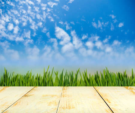 Image of wooden board against grass and sky backgroundの写真素材