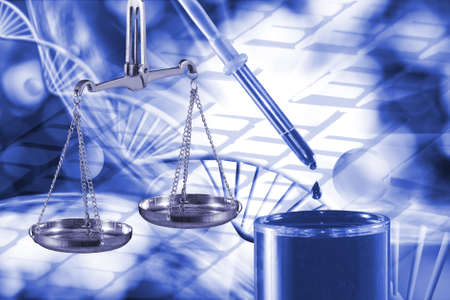 Image of laboratory flask and scales on technological backgroundの写真素材