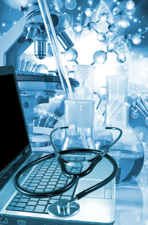 Isolated image of laptop, flask, 
microscope and stethoscope close-upの写真素材